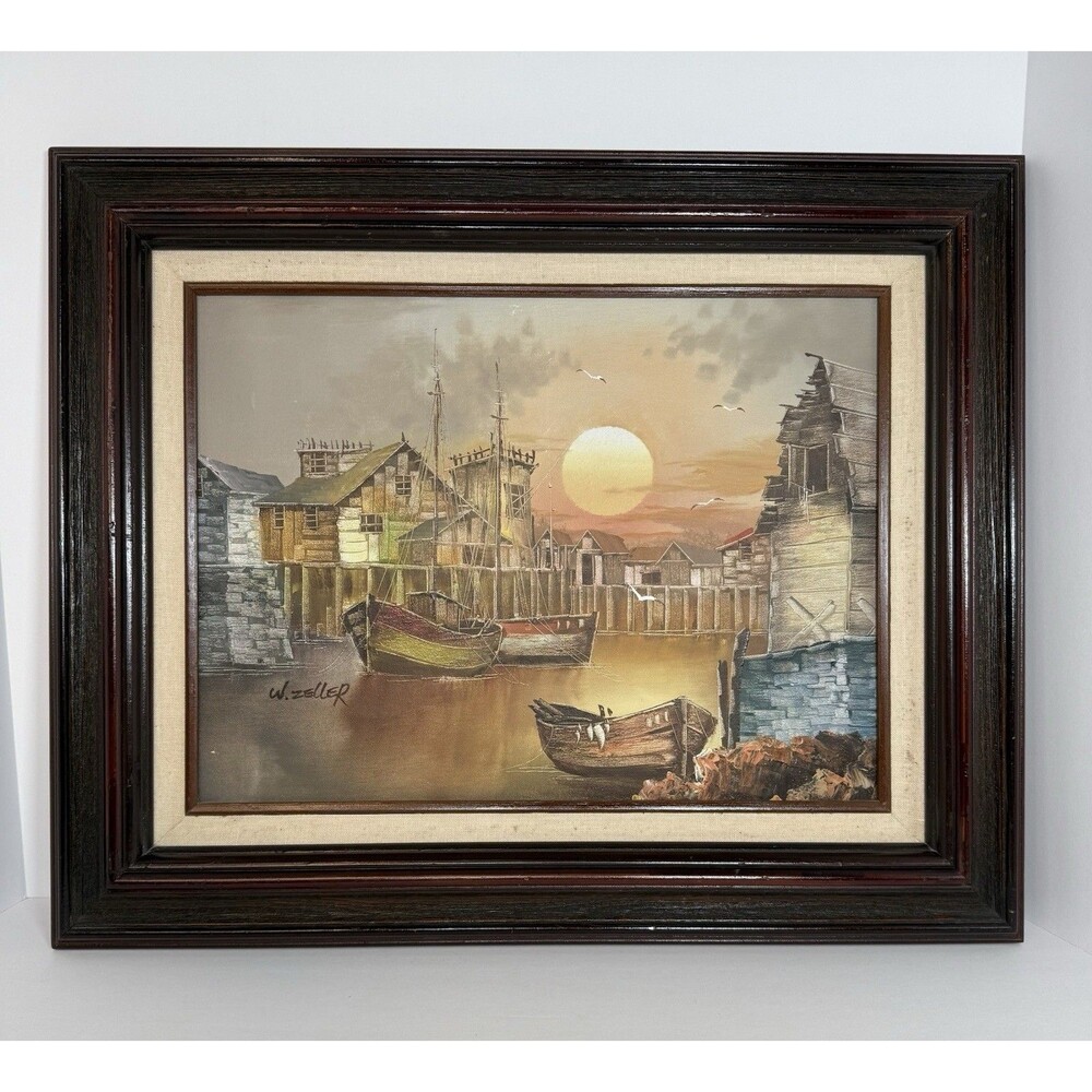 Coastal fishing town oil painting of sunset signed W.‎ Zeller 22"X18" Framed